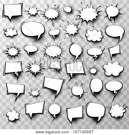 Big set 36 blank effects template comic speech bubbles halftone dot background style pop art. Comic dialog empty cloud, space text style pop art. Creative idea conversation comic sketch explosion