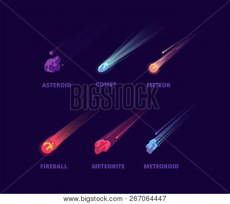 Comet Asteroid And Meteorite. Cartoon Space Objects. Atmospheric Fireballs Vector Set. Illustration 