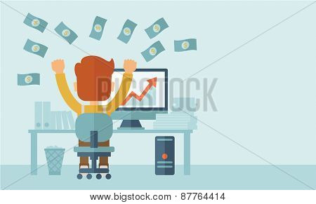 Successful young businessman happy falling the money while sitting infront of his computer with the graph showing the arrow going up increasing in sales. Business growth concept. A contemporary style