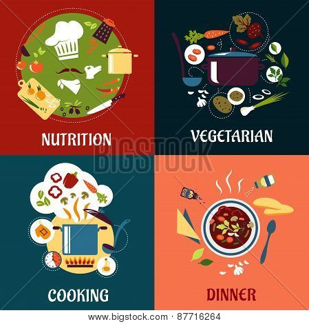 Cooking healthy food flat concept with cuisine icons