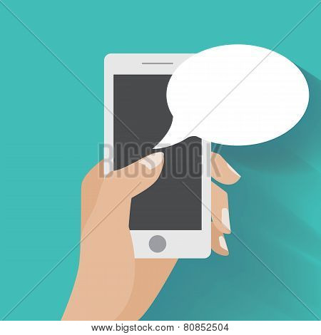 Hand holding smartphone with blank speech bubbles