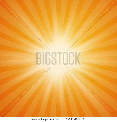 Summer sun burst on orange background with light rays. Summer background. Summer sun rays. Vector illustration.