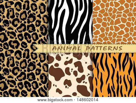 Vector seamless patterns set with animal skin texture. Repeating animal backgrounds for textile design, scrapbooking, wrapping paper. Vector animal prints.