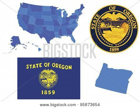 Vector Illustration of state Oregon,contains: High detailed map of USA High detailed flag of state Oregon High detailed great seal of state Oregon  State Oregon, shape