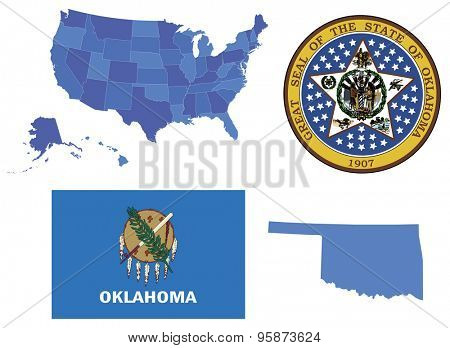 Vector Illustration of state Oklahoma,contains: High detailed map of USA High detailed flag of state Oklahoma High detailed great seal of state Oklahoma State Oklahoma, shape