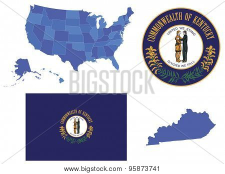 Vector Illustration of Kentucky state, contains: High detailed map of USA High detailed flag of state Kentucky High detailed great seal of state Kentucky State Kentucky, shape