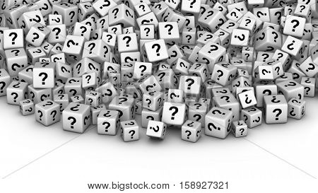 FAQ or education 3D illustration. A heap of white cubes with question mark symbol.