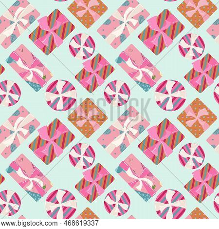 Seamless Pattern With Colorful Gift Boxes, Pattern For Fabric Print, Wrapping Paper Design.