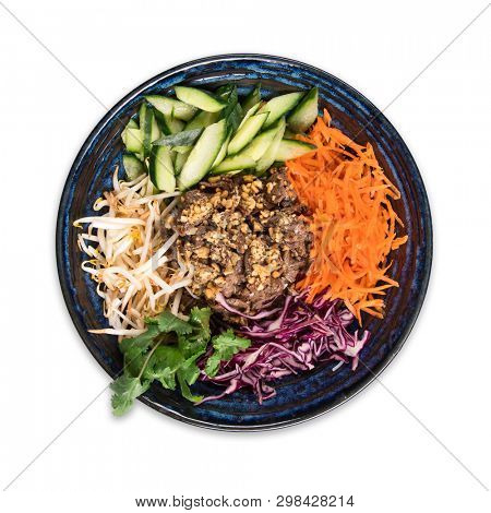 Bun bo nam bo asian food on white background , top view. Vietnam or Thai cuisine.