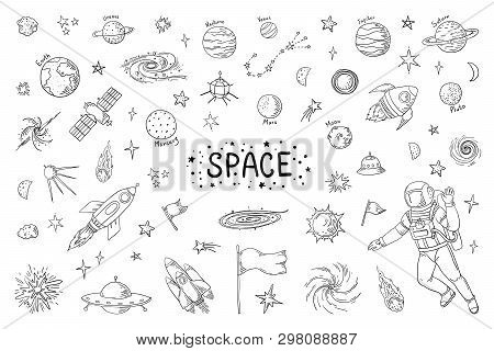 Doodle Space. Trendy Universe Pattern, Star Astronaut Meteor Rocket Comet Astronomy Elements. Vector