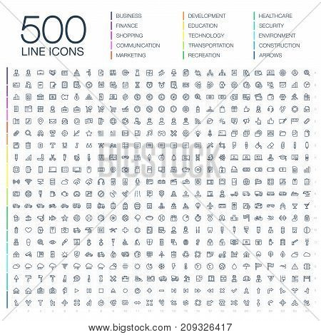 Vector illustration of 500 thin line business icons. Finance, shopping, communication technology, market, app develop, education, transport, healthcare, environment and security. Flat symbols set