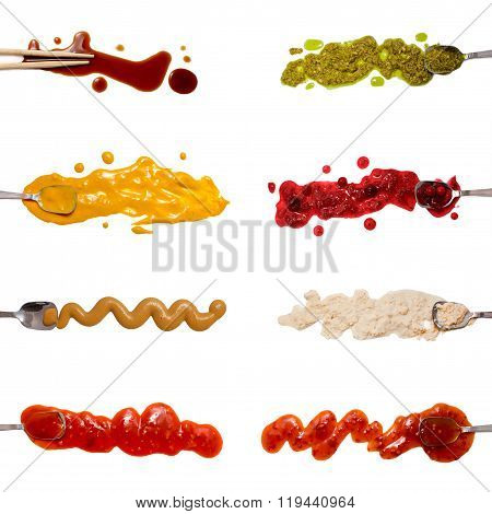 Set of 8 savory sauces and toppings isolated on white