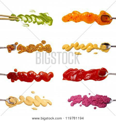 Set of 8 savory sauces and dips isolated on white