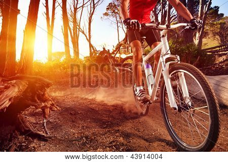 Mountain Bike cyclist riding single track at sunrise healthy lifestyle active athlete doing sport