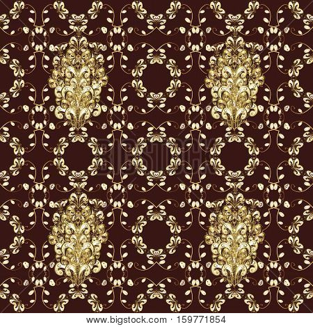 Seamless Vintage Pattern On Brown Background With Golden Elements.