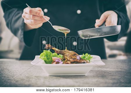 chef cooking restaurant food salad sauce gourmet molecular decorating kitchen dish garnish plate serving lunch top dinner concept