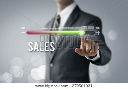 Sales Growth, Increase Sales Or Business Growth Concept. Businessman Is Pulling Up Progress Bar With