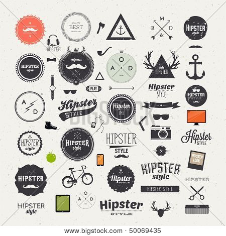 Hipster style infographics elements and icons set for retro design. With bicycle, phone, sunglasses, mustache, bow, anchors, apple and camera. Vector illustration.