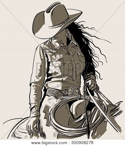 Woman With A Cowboy Hat. Cowboy Girl Riding Horse With Lasso. Hand Drawn Vector Illustration. Illust