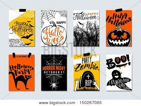 Collection of happy halloween and party typography flyer poster card banner templates - with lettering, zombie, ghost say boo, tree, cat, bat, pumpkin, tomb, spider. Vector retro halloween celebration