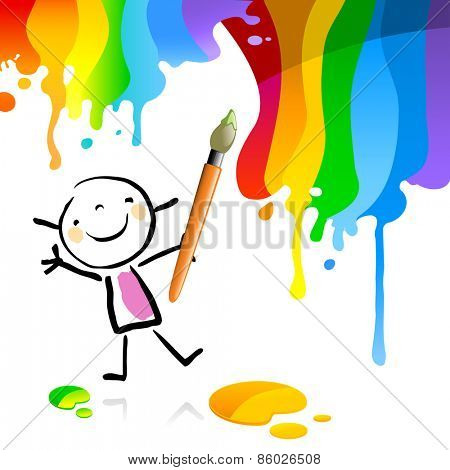 Little girl painting with spectrum colors, cute smiling artist kid. Happy kids doodle style sketchy vector illustration.