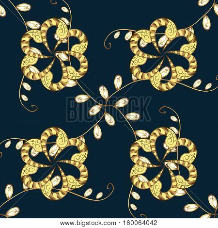 Seamless Vintage Pattern On Dark Blue Background With Golden Elements.