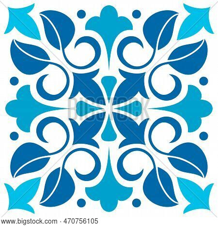 Moroccan Azulejo Tile Majolica. Vector Navy Blue Damask Ornament With Floral Seamless Design, Talave