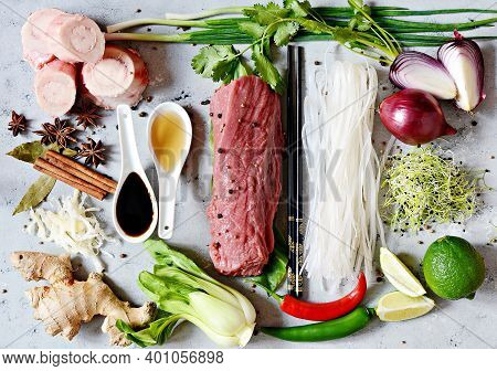 Layout Of Products On Vietnamese Pho Bo Soup On Gray   Background. Traditional Vietnamese Pho Bo Sou