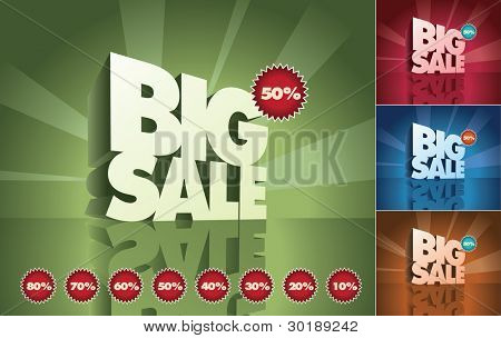 3d retro big sale text and percent tags. Vector design elements set. Print ready CMYK color mode.