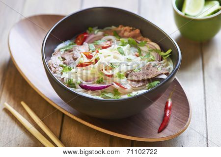 Vietnamese food, rice noodle soup with sliced beef