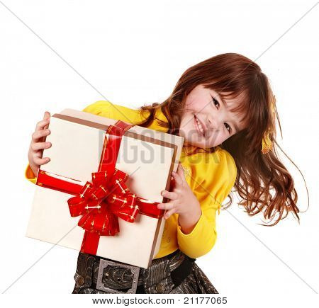 Girl child in yellow with gift box. Isolated.