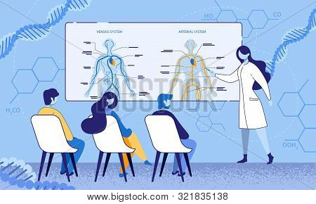 Educational Process In Medical Office Illustration. Female Lecturer Teaching Students Human Anatomy 