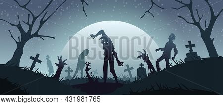 Zombies On Graveyard. Cemetery Background With Scary Monsters Silhouettes And Creepy Gravestones. Sp