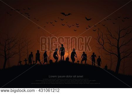 Crowd Of Hungry Zombies In The Woods. Silhouettes Of Scary Zombies Walking In The Forest At Night. S