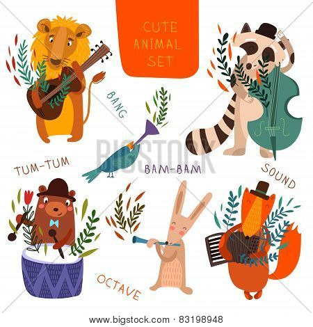 Cute Animal Set.cartoon Animals Playing On Various Musical Instruments.lion, Bear, Raccoon, Fox, Bir