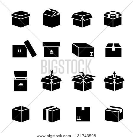 Box vector icons set. Package box container, packaging box icon, surprise box, packing parcel box illustration