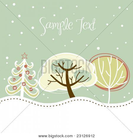 Retro Christmas card with cute trees and snow on it