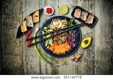 Top view composition of Bun bo nam bo vietnamese food in bowl