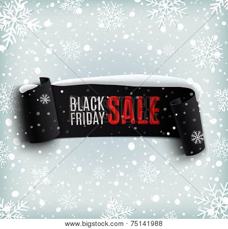 Black Friday sale background with black realistic ribbon banner and snow