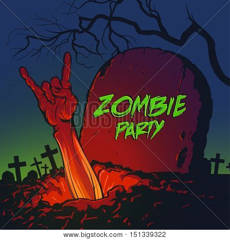 Halloween vector illustration. Zombie hand coming out from the grave and showing rock gesture. Cool zombie party invitation.