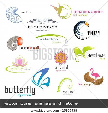 vector icons: animals and nature, 12 pieces