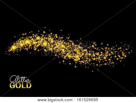 Cosmic glittering wave. Vector golden sparkling star. Magic glowing stardust trail. Gold glittering stars dust trail sparkling particles on black background. Space comet tail.