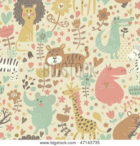 Cute floral seamless pattern with wild animals from Africa. Koala, lion, crocodile, hippo, giraffe, tiger, zebra. Vector retro background.