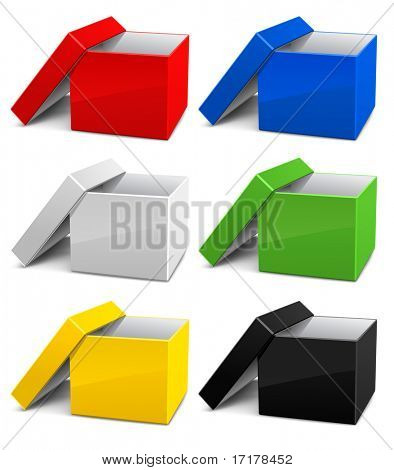 set of color empty opened cardboard boxes vector illustration