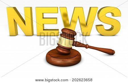 Law justice and legal news concept with a wooden judge gavel and golden news word on background 3D illustration.