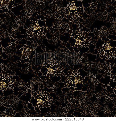 seamless pattern with golden peonies and silver leaves on a black background