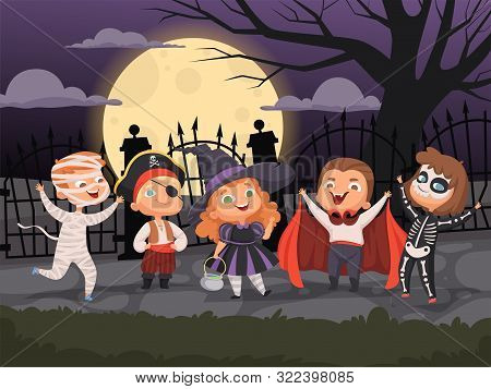 Halloween Backgrounds. Kids Playing In Scary Costumes For Halloween Devil Horror Party Ghost Zombie 