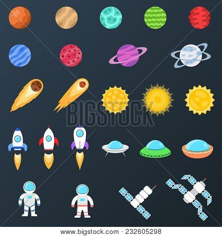 Set Of Space Objects. Planets, Stars, Comet, Spaceship, Ufo, Cosmic Stations, Astronaut. Collection 