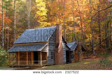 Log Cabin In A Wooded Setting During The Autumn Season