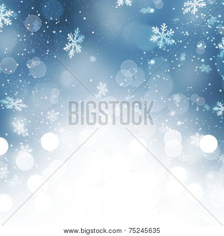 Winter Holiday Snow Background. Christmas Abstract Blue Defocused Backdrop with Snowflakes. Bokeh 